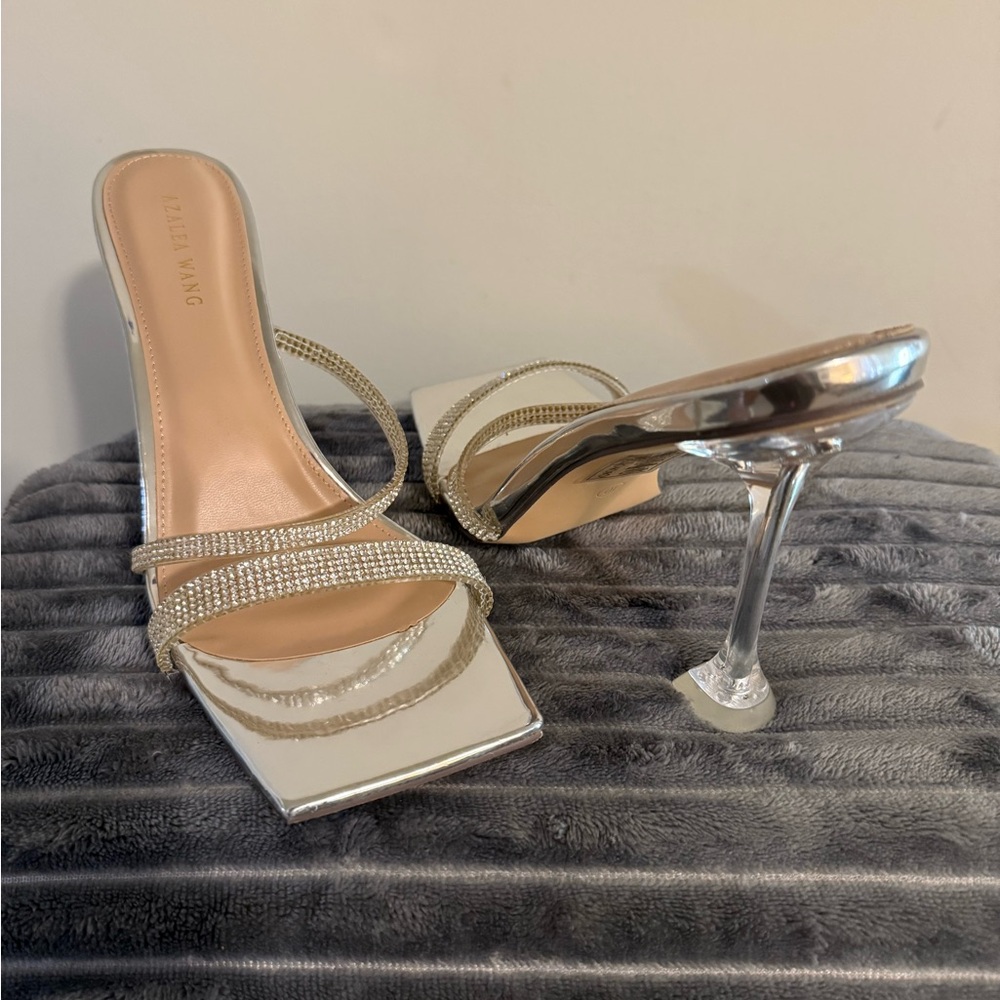 Silver Stiletto Heels with Rhinestone Straps